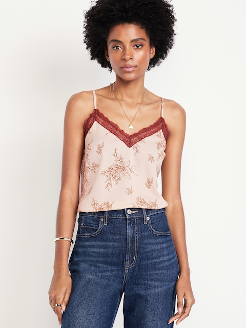 Lace-Trim Satin Cami Top - Floral Print
