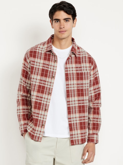 Loose Fit Plaid Pocket Shirt - Burgundy Plaid