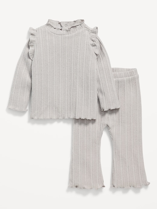 Image number 1 showing, Cozy Long-Sleeve Ribbed Ruffle-Trim Top and Pants Set for Baby