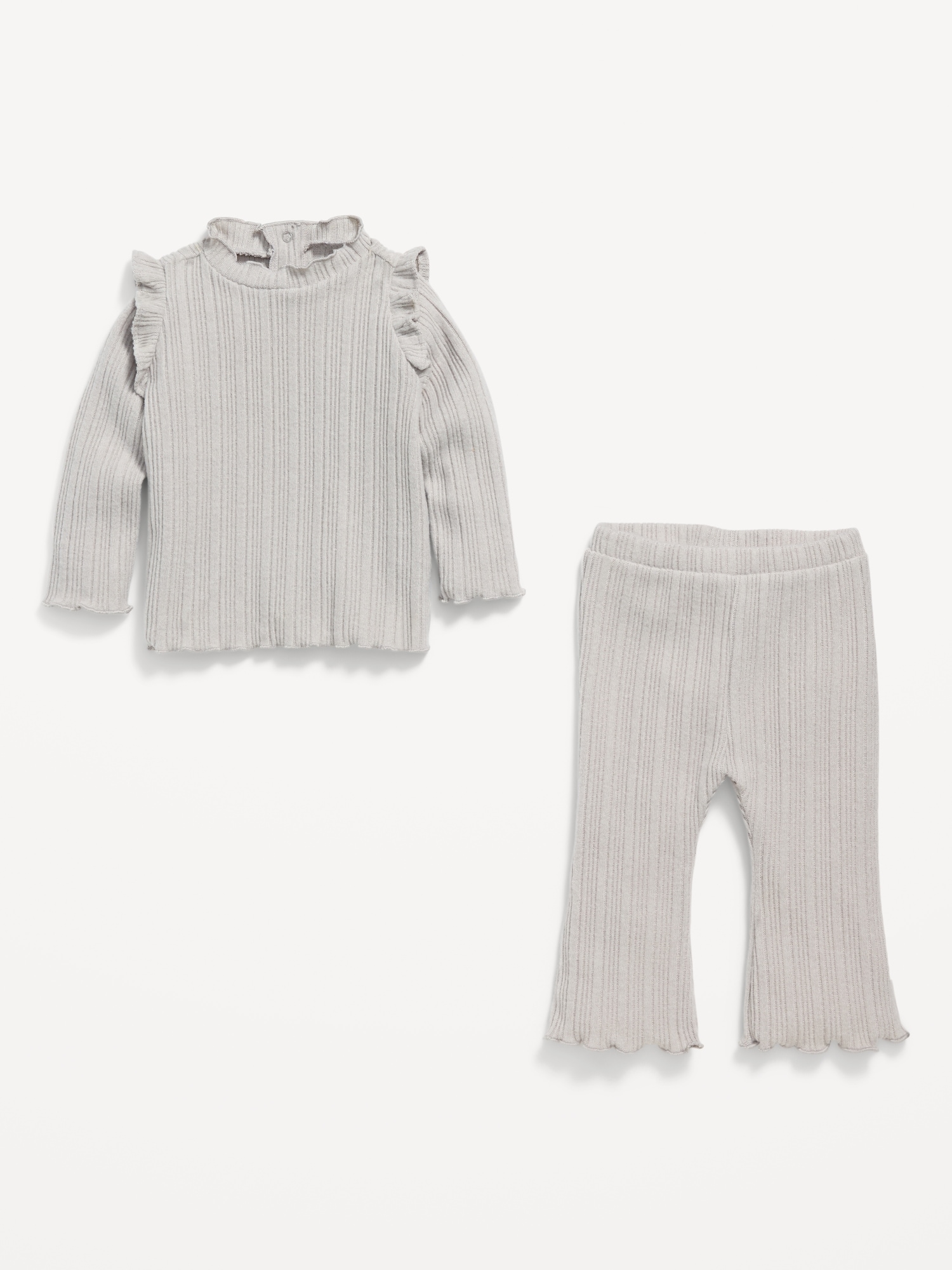 Cozy Long-Sleeve Ribbed Ruffle-Trim Top and Pants Set for Baby