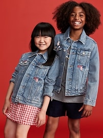 Image number 1 showing, Old Navy x Disney© Mickey Mouse Gender-Neutral Logo-Graphic Jean Trucker Jacket for Kids