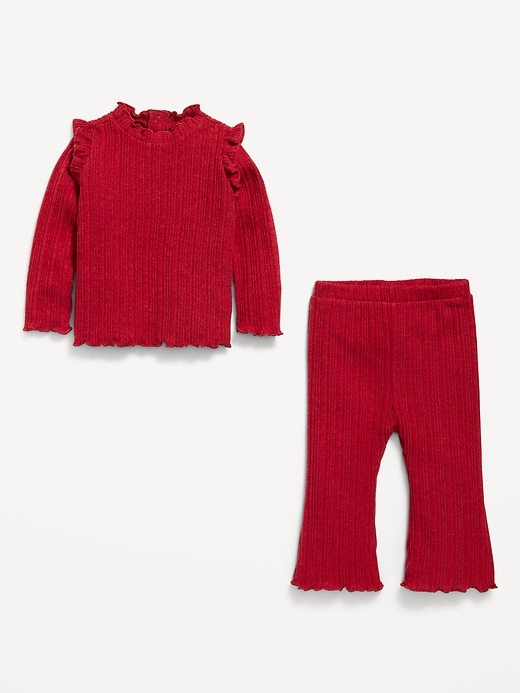 Image number 2 showing, Cozy Long-Sleeve Ribbed Ruffle-Trim Top and Pants Set for Baby