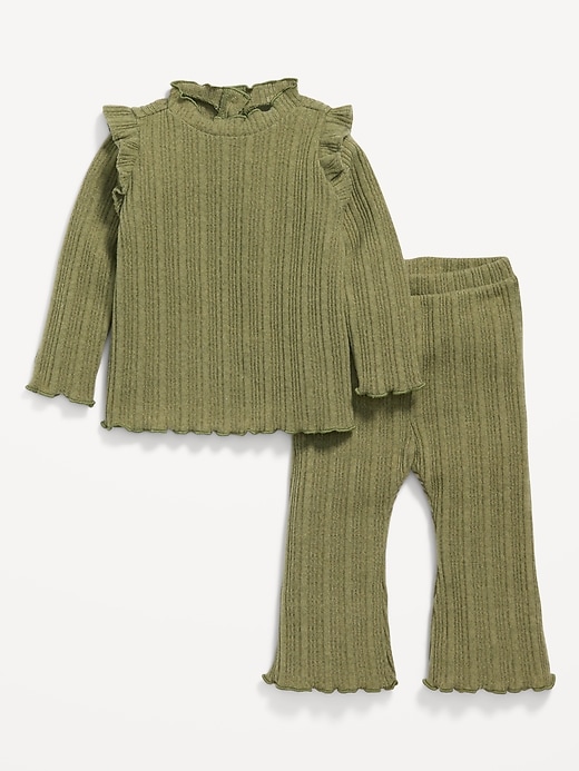 Image number 1 showing, Cozy Long-Sleeve Ribbed Ruffle-Trim Top and Pants Set for Baby