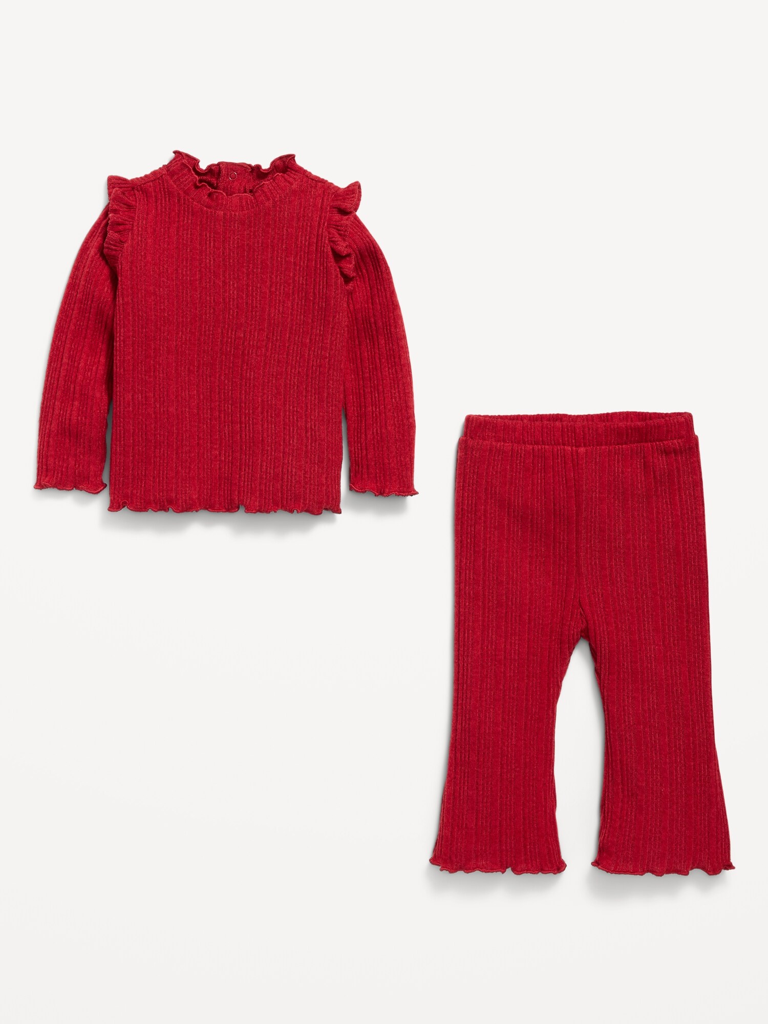 Детский комплект Old Navy Cozy Long-Sleeve Ribbed Ruffle-Trim Top and Pants Set for Baby, цвет: Карри красный — фото 2
