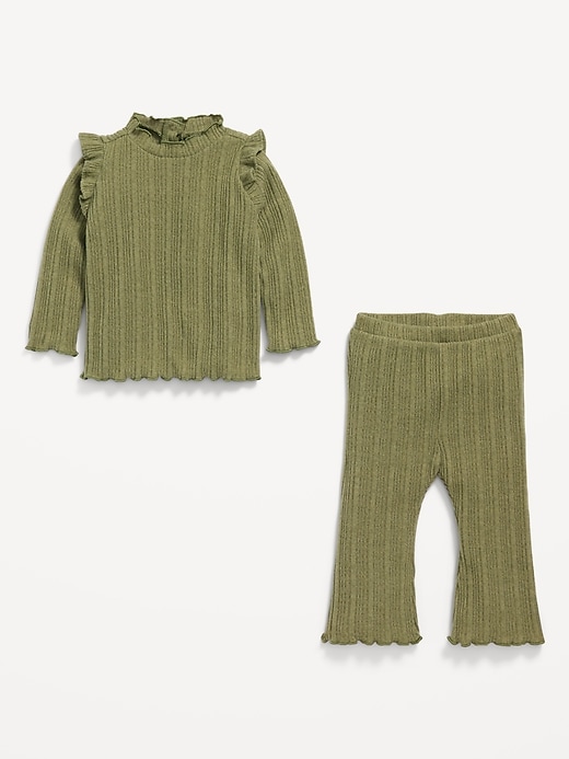 Image number 2 showing, Cozy Long-Sleeve Ribbed Ruffle-Trim Top and Pants Set for Baby