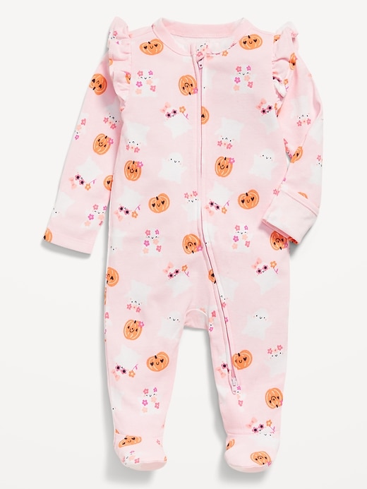 Image number 1 showing, 2-Way-Zip Sleep & Play Ruffle-Shoulder Footed One-Piece for Baby