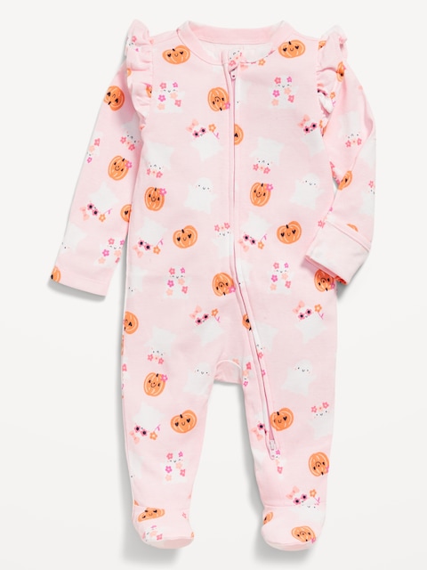2-Way-Zip Sleep & Play Ruffle-Shoulder Footed One-Piece for Baby - Ghost