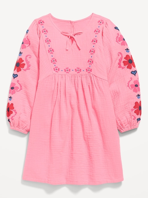 Image number 1 showing, Long-Sleeve Double-Weave Embroidered Swing Dress for Girls