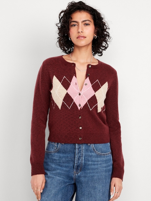 SoSoft Cropped Cardigan Sweater - Clove Argyle