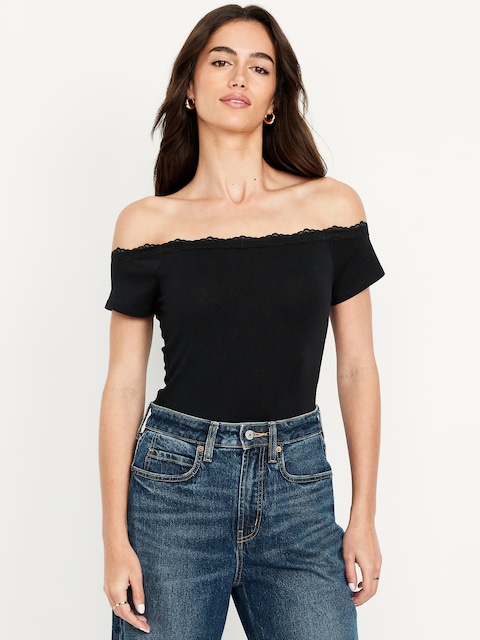 Off-Shoulder Lace-Trim Top - Black