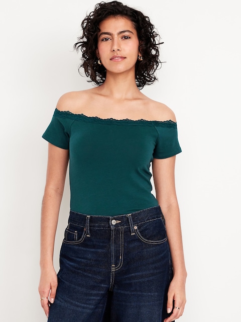 Off-Shoulder Lace-Trim Top - Jet Stream