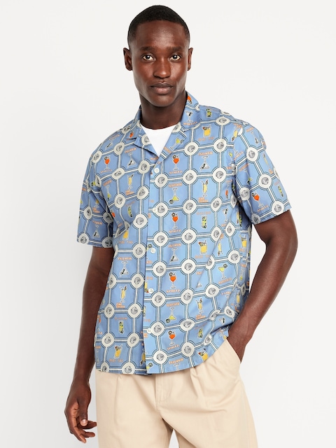 Short-Sleeve Printed Camp Shirt - Tile Cocktail Print (Blue)
