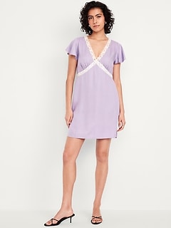 Fit & Flare Crepe Lace-Trim Mini Dress