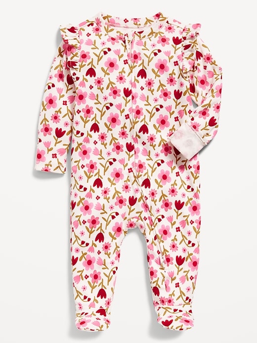 Image number 1 showing, 2-Way-Zip Sleep & Play Ruffle-Trim Footed One-Piece for Baby