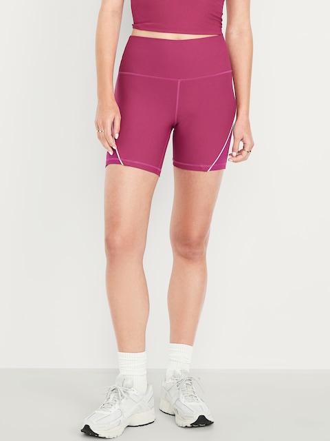 High-Waisted PowerSoft Biker Shorts -- 6-inch inseam - Magenta Lacquer