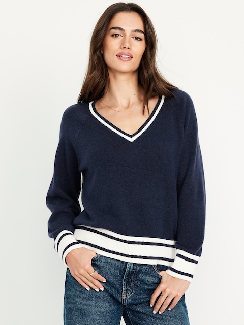 SoSoft Loose V-Neck Sweater - Arctic Depth/White