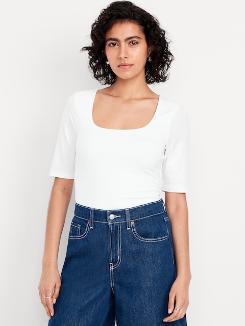 Fitted Double-Layer Elbow-Sleeve Scoop-Neck Top - White Lilies