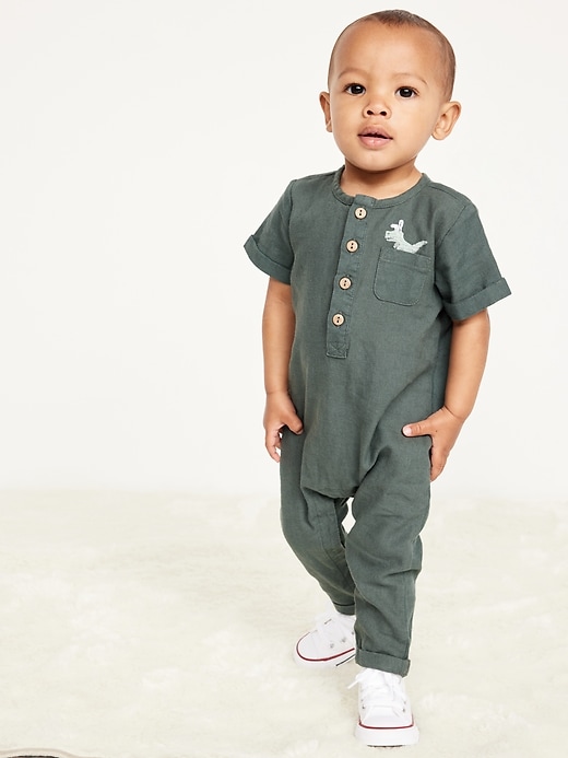 Image number 1 showing, Short-Sleeve Henley Linen-Blend One-Piece for Baby