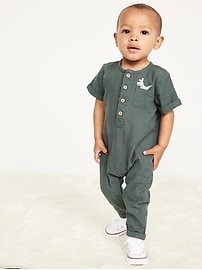 Image number 1 showing, Short-Sleeve Henley Linen-Blend One-Piece for Baby