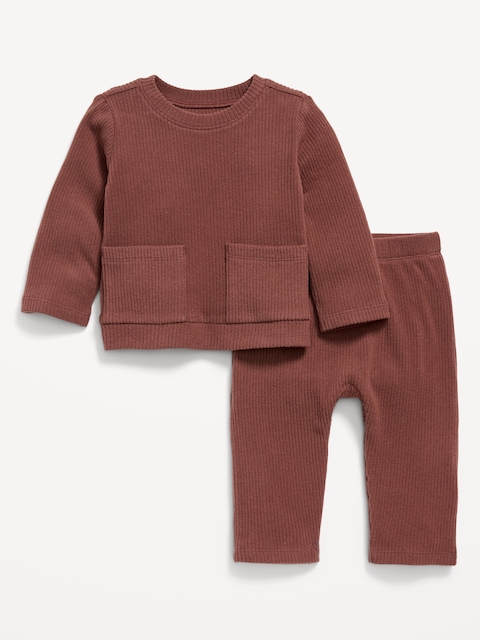 Ribbed Pocket T-Shirt and Pants Set for Baby - Root Beer