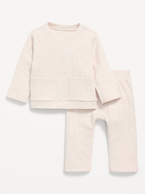 Long-Sleeve Ribbed Pocket T-Shirt and Pants Set for Baby - Oatmeal Heather