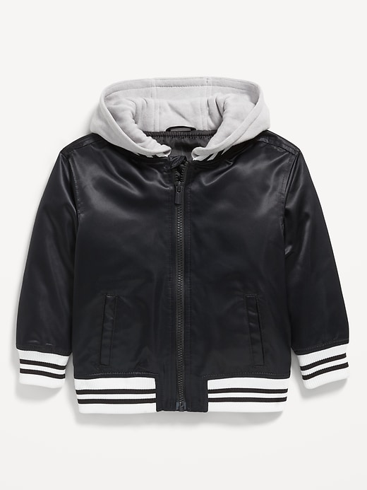 Image number 1 showing, Hooded Zip-Front Satin Bomber Jacket for Toddler Boys