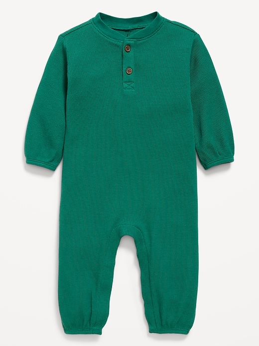Image number 1 showing, Long-Sleeve Waffle-Knit Henley One-Piece for Baby