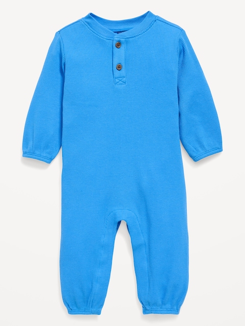 Long-Sleeve Waffle-Knit Henley One-Piece for Baby - Optic Blue