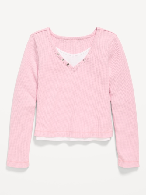 Long-Sleeve 2-In-1 Fitted Henley Top for Girls - Fairytale Rose