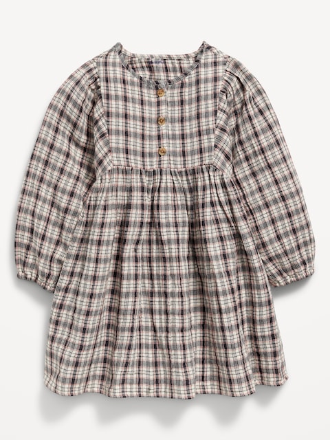 Long-Sleeve Plaid Dress for Toddler Girls - Neutral Plaid