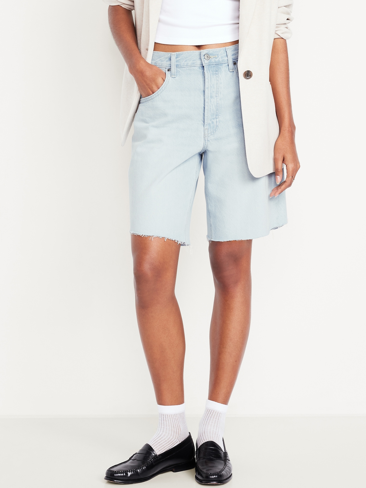 Mid-Rise Baggy Cut-Off Jean Bermuda Shorts -- 9-inch inseam