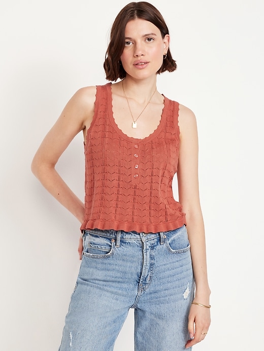 Image number 1 showing, Sleeveless Pointelle Cropped Henley Top
