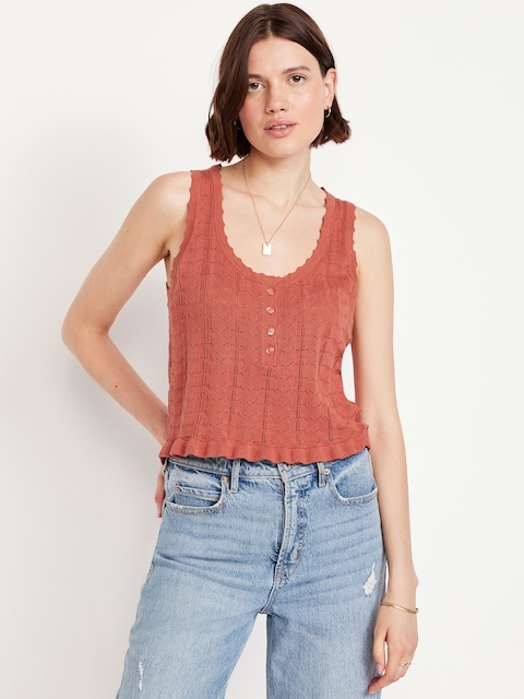 Sleeveless Pointelle Cropped Henley Top - Red Basil