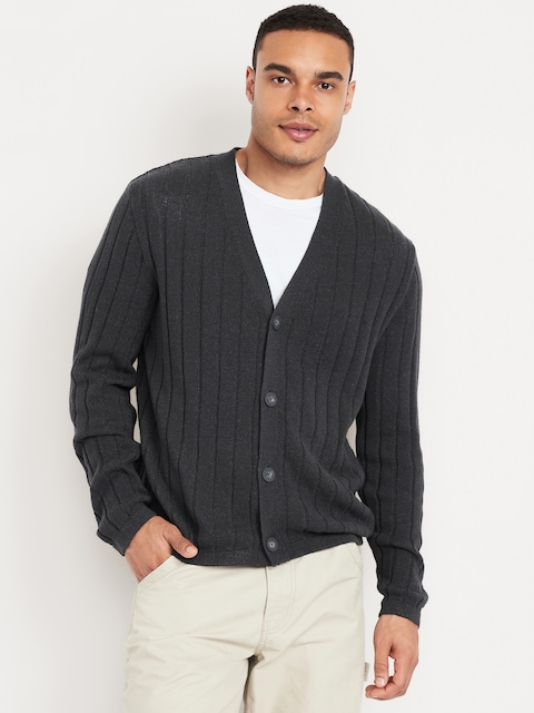Ribbed Button-Front Cardigan - Dark Heather Gray
