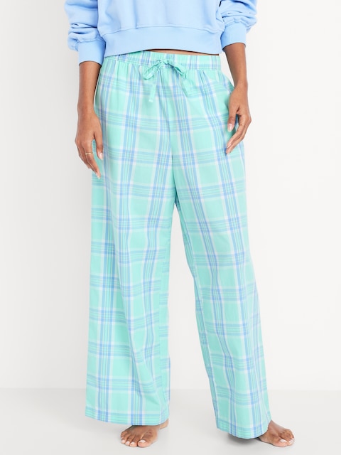 Poplin Wide-Leg Pajama Pants - Mint Plaid