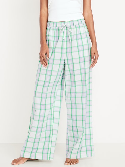 Poplin Wide-Leg Pajama Pants - Light Purple/Green Plaid