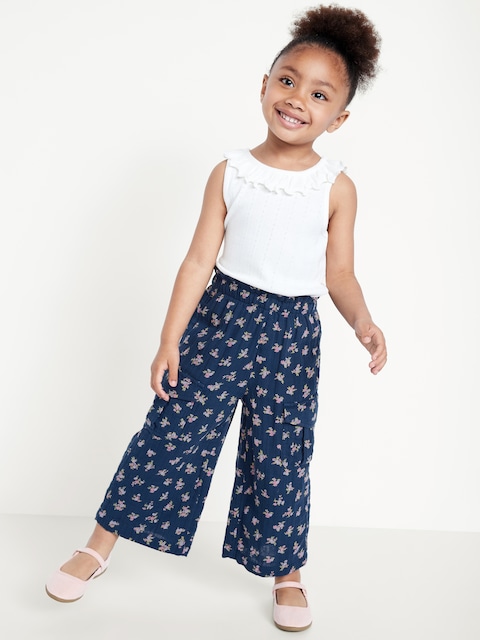 Double-Weave Wide-Leg Cargo Pants for Toddler Girls - Navy Floral