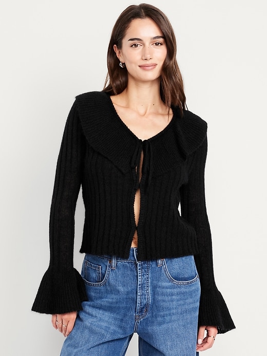 Image number 1 showing, Wool-Blend Ruffle Tie-Front Cropped Cardigan