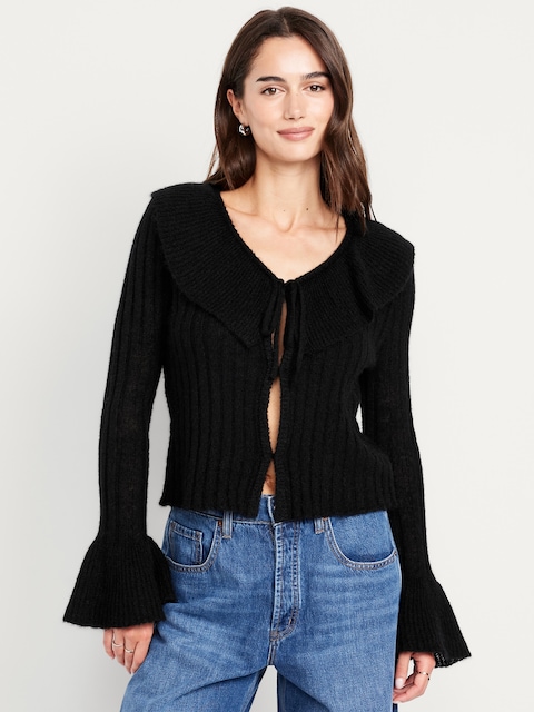 Wool-Blend Ruffle Tie-Front Cropped Cardigan - Black Jack