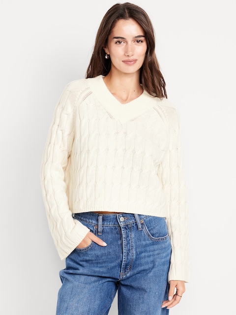 Wool-Blend V-Neck Cable Cropped Sweater - Creme De La Creme