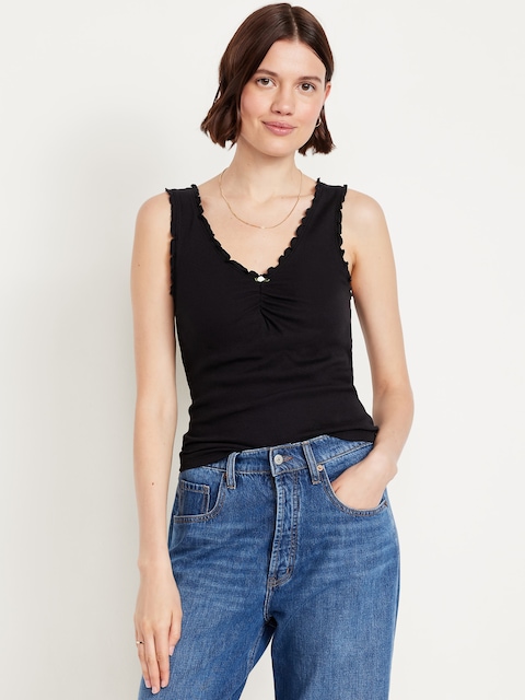 Cinched Rib-Knit Tank Top - Black Jack