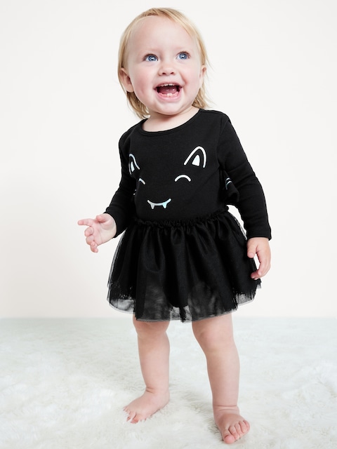 Long-Sleeve Graphic Bodysuit Tutu Dress for Baby - Bats Black