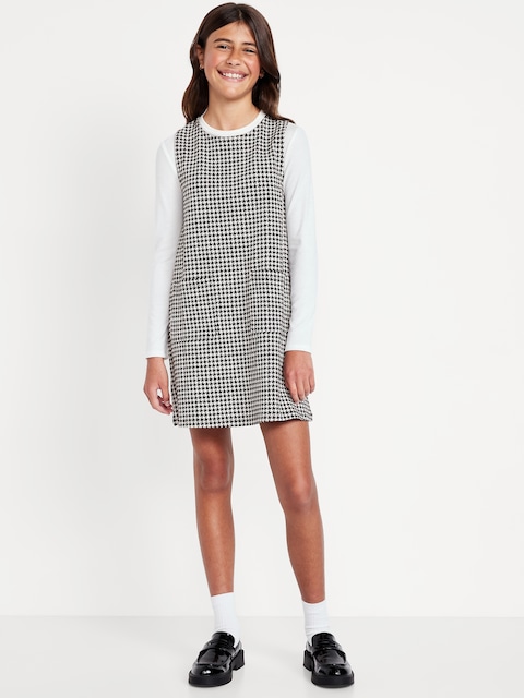 Sleeveless Jacquard-Knit Pocket Dress for Girls - Black & White Houndstooth