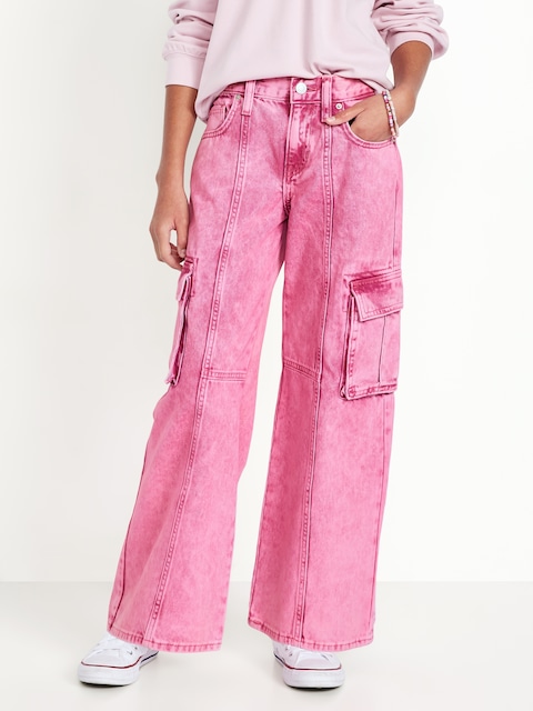 Super Baggy Wide-Leg Cargo Jeans for Girls - Pink Clover