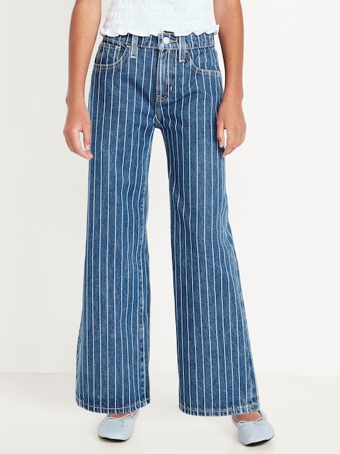 Printed High-Waisted Baggy Wide-Leg Jeans for Girls - Pinstripe Blue