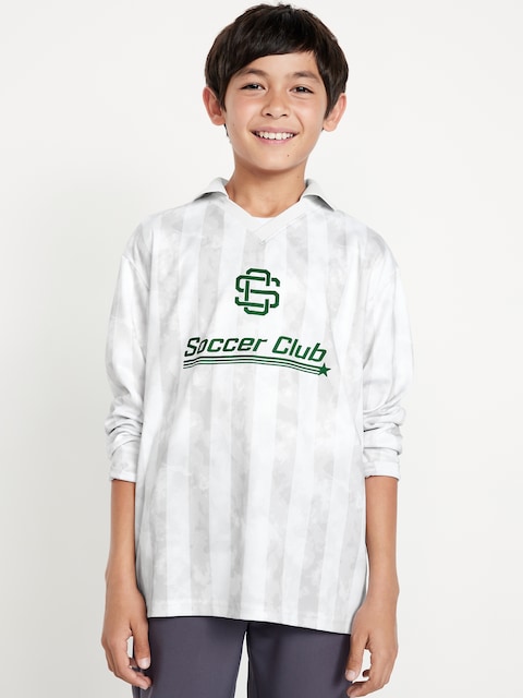 Oversized Long-Sleeve Collared Soccer Top for Boys - White Stripe