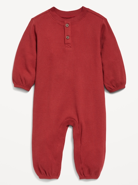 Long-Sleeve Waffle-Knit Henley One-Piece for Baby - Curry Red