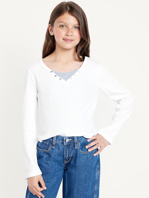 Long-Sleeve 2-In-1 Fitted Henley Top for Girls - Calla Lily White