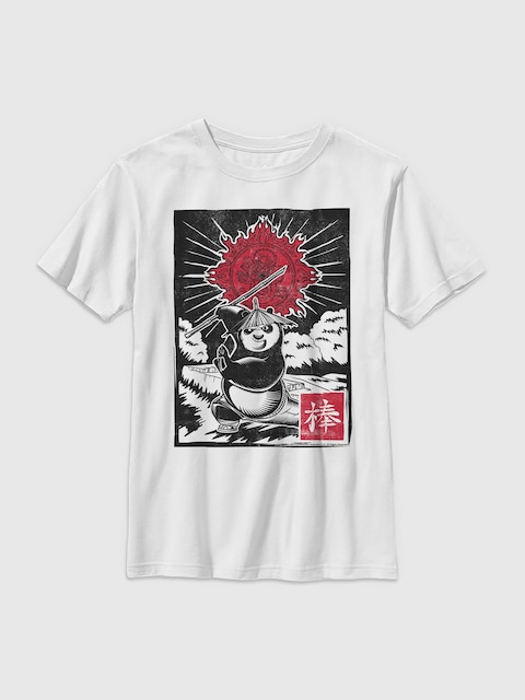 Kung Fu Panda Panda Woodcut Gender-Neutral Graphic T-Shirt for Kids - White