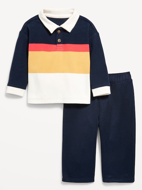 Printed Long-Sleeve Polo Shirt and Pants Set for Baby - In The Navy